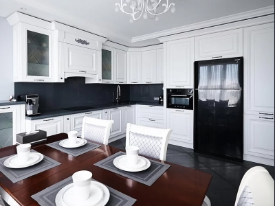 Высококачественные фасады МДФ жемчужно-белого цвета отделки придают кухне неописуемую роскошь