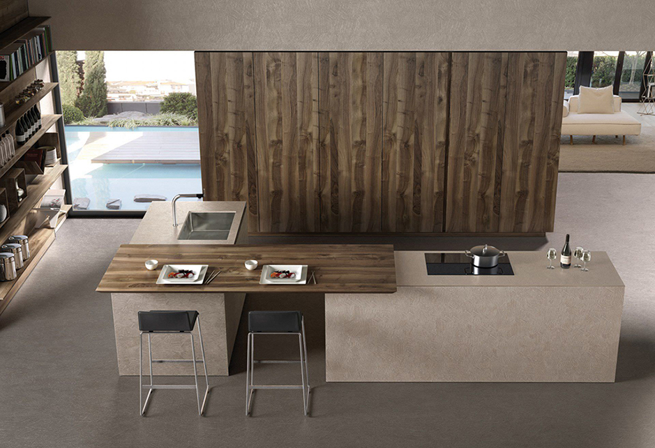 Contemporary kitchen / wood veneer / lacquered
